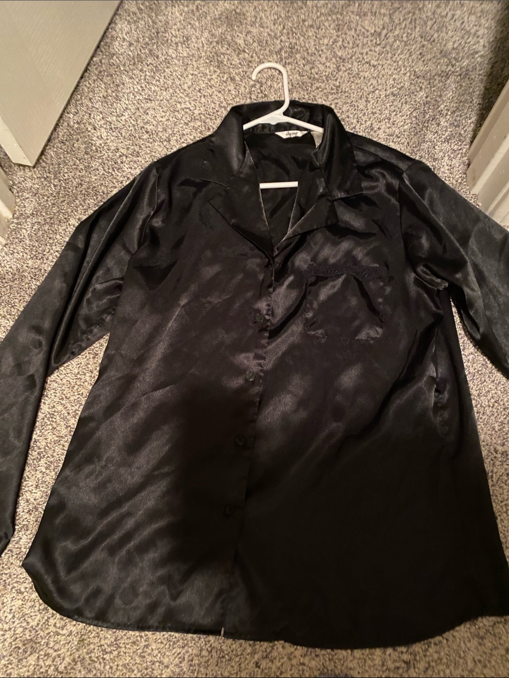 Adonna Black Satin Pajama Set - Button-Up Top & Wide-Leg Pants - Picture 2 of 6